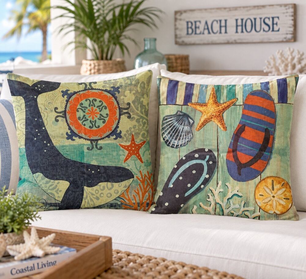Tropical Coastal Pillow Covers Set of 2 17x17 Whale Flip Flops Beach Nautical